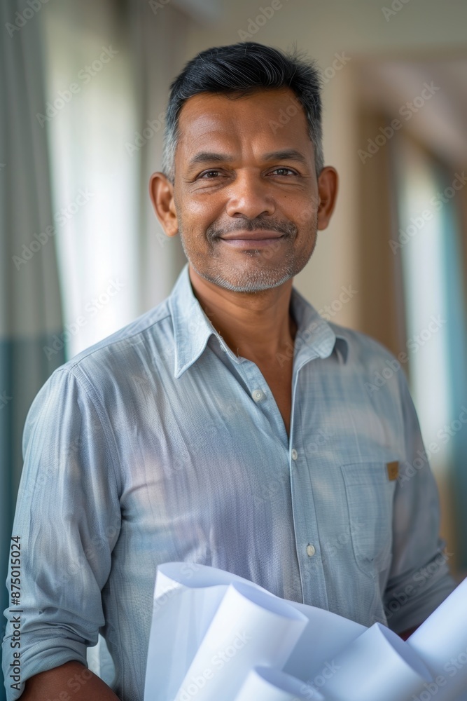 Obraz premium Confident Indian man in a light blue shirt holding blueprints