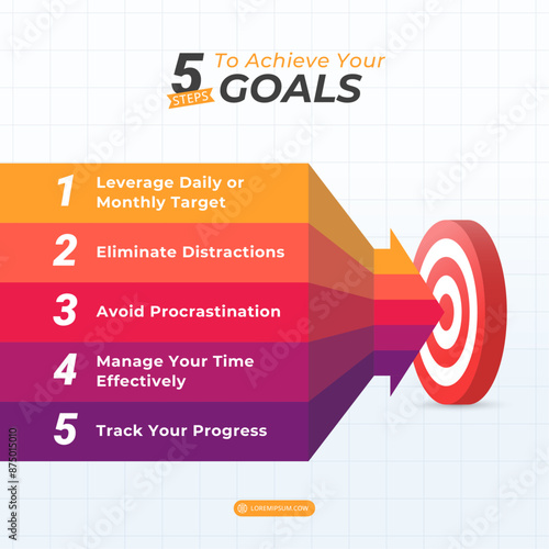Arrow Goal Infographics 5 Steps to Achieve Your Goals with Editable Text on a 1:1 ratio layout for Presentation, Booklet, and Social Media Feeds.