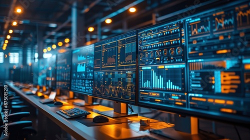 Wallpaper Mural A logistics control room with multiple monitors displaying real-time data on shipments, inventory, and delivery routes. The technology enables efficient management of the entire supply chain. Torontodigital.ca