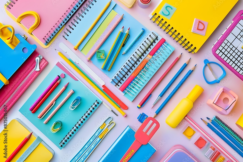 Colorful school supplies flat lay, light background, playful design style, geometric shapes, creativity in learning. Colorful school supplies flat lay, light background, playful design style, geometric shapes, creativity in learning.
