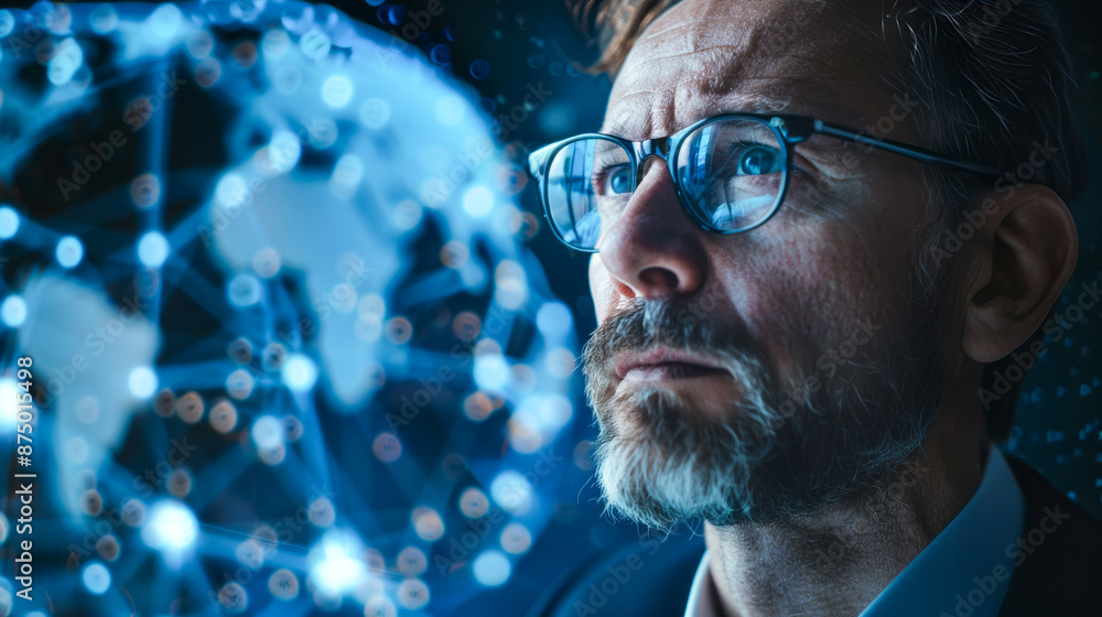 A man with glasses contemplates a digital rendering of the globe, illuminated in blue A man with glasses contemplates a digital rendering of the globe, illuminated in blue