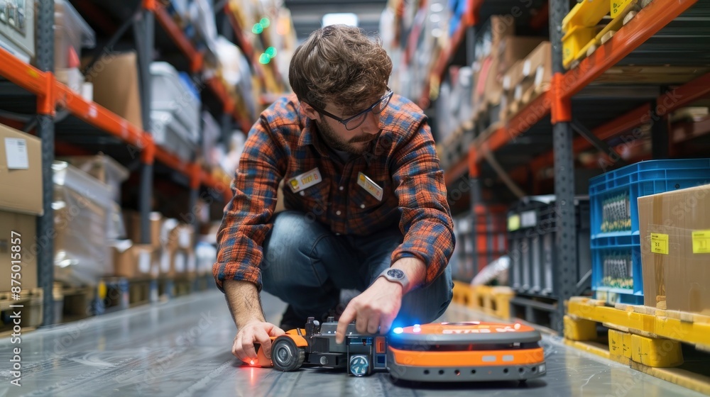 Obraz premium A logistics engineer testing a new robotic system for warehouse automation. The technology improves efficiency and reduces the need for manual labor.