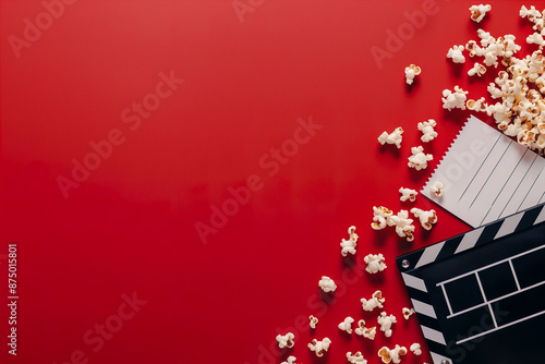 Popcorn and movie clapper on a vibrant red background. Generative AI image