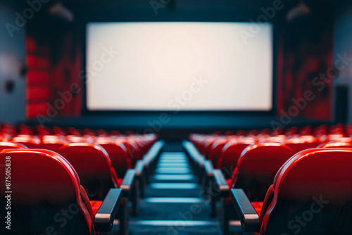 Empty cinema hall with red seats and vibrant ambiance. Generative AI image