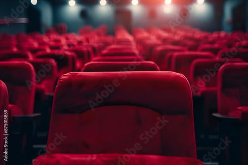 Rows of empty red cinema seats with atmospheric lighting. Generative AI image photo