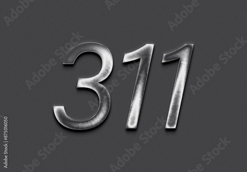 Chrome metal 3D number design of 311 on grey background.