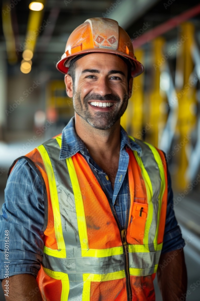 Portrait of a construction worker wearing a hard hat and safety vest Portrait of a construction worker wearing a hard hat and safety vest