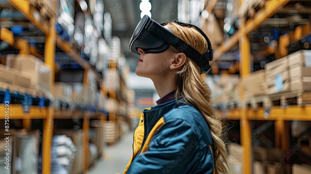A logistics specialist using a virtual reality headset to plan and optimize warehouse layouts. The advanced technology improves space utilization and workflow. A logistics specialist using a virtual reality headset to plan and optimize warehouse layouts. The advanced technology improves space utilization and workflow.