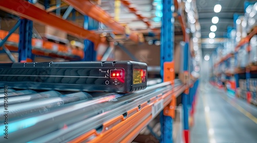 A close-up of an RFID scanner being used to track inventory in a warehouse. The logistics technology improves accuracy and reduces the risk of stockouts. photo