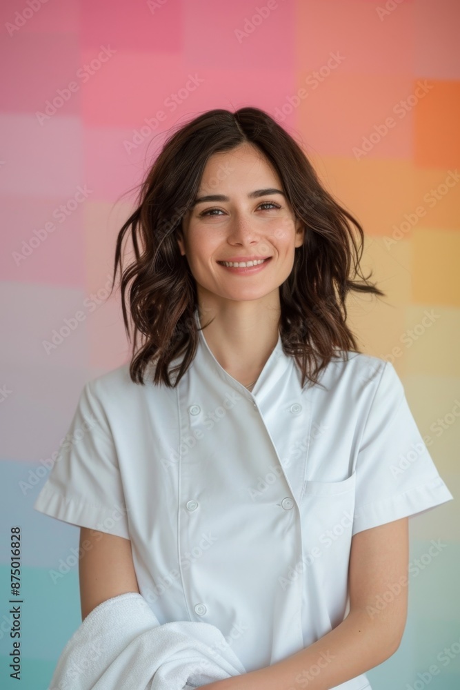 A young woman in a white lab coat smiles at the camera She is standing in front of a colorful background A young woman in a white lab coat smiles at the camera She is standing in front of a colorful background