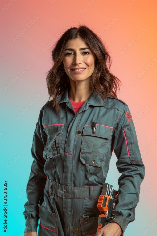 Woman in workwear, holding a drill, smiling confidently Woman in workwear, holding a drill, smiling confidently