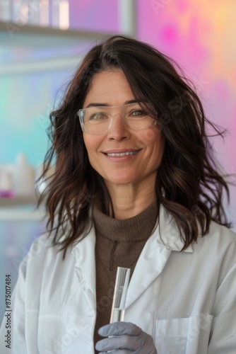 A female scientist in a lab coat and safety glasses holds a test tube in her gloved hand and smiles