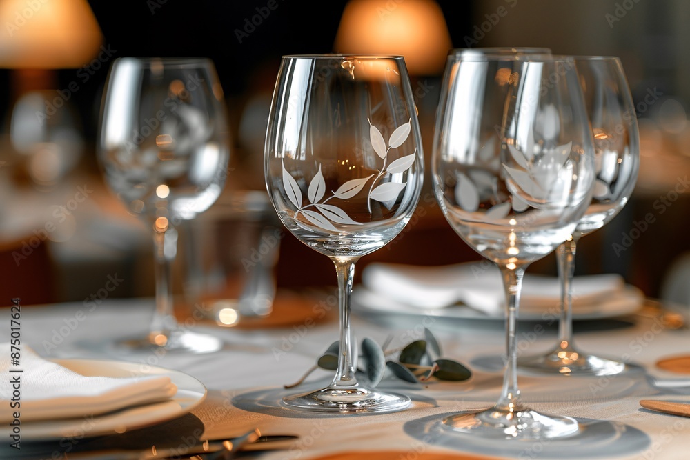 Elegant table setting with decorated wine glasses featuring small leaf designs. Elegant table setting with decorated wine glasses featuring small leaf designs.