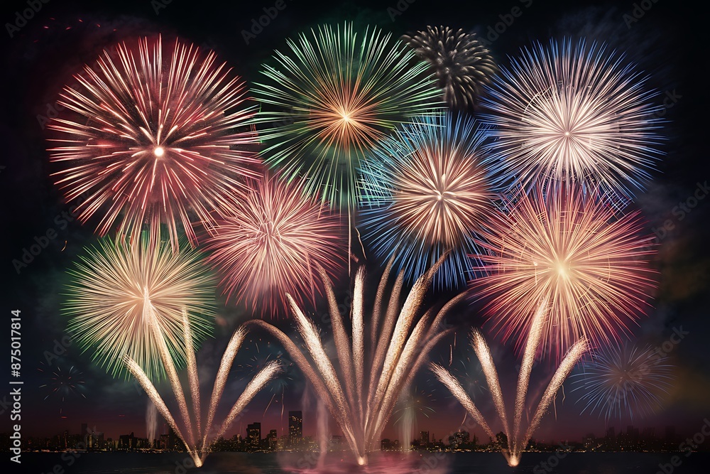 fireworks exploding in the night sky. The scene should capture a variety of colorful fireworks, including bursts of red, green, blue, and yellow, illuminating the darkness fireworks exploding in the night sky. The scene should capture a variety of colorful fireworks, including bursts of red, green, blue, and yellow, illuminating the darkness