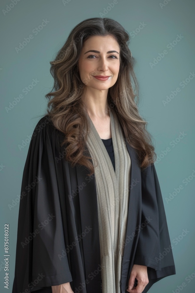 Confident woman with long hair wearing a black abaya with silver accents and looking directly at the camera Confident woman with long hair wearing a black abaya with silver accents and looking directly at the camera