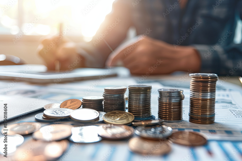 Stacks of coins growing on a table, with an investment advisor consulting a client in the background, focusing on investment planning and consulting