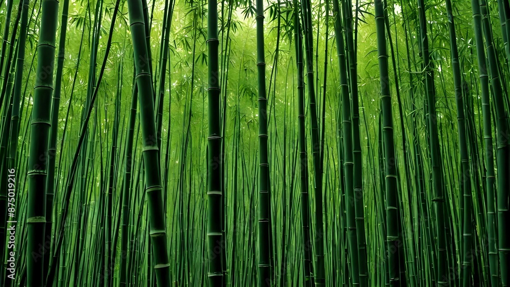 A dense forest of tall green bamboo stalks. A dense forest of tall green bamboo stalks.
