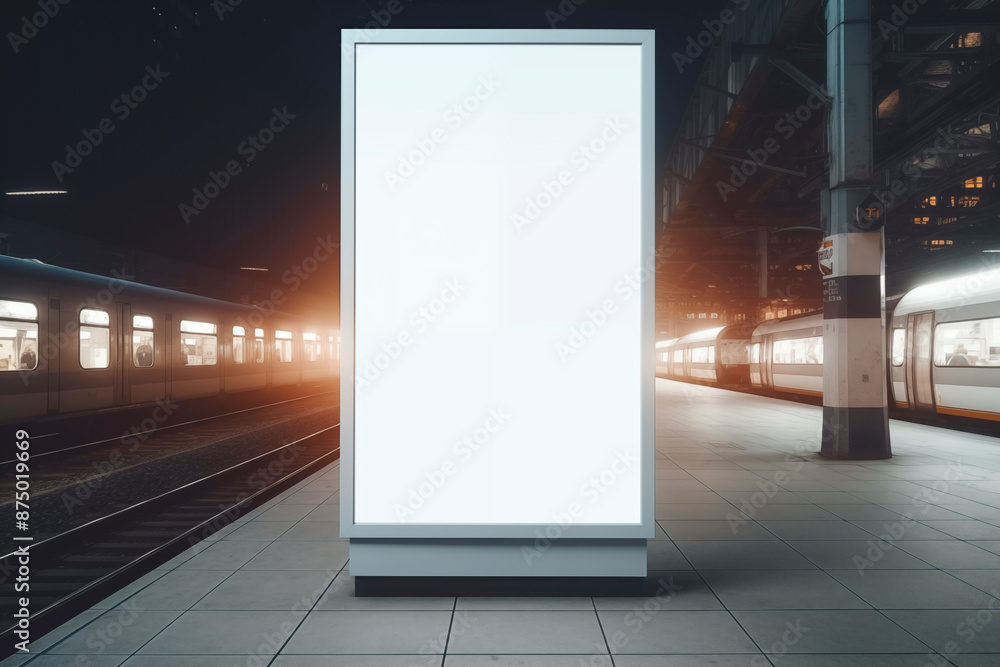 A blank vertical advertising billboard in a subway station at night, with trains on the platform, ready for promotional display.
A blank vertical advertising billboard in a subway station at night, with trains on the platform, ready for promotional display.