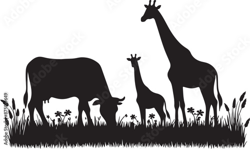 natural animal cow is grazing on the grass., vector black color silhouette 