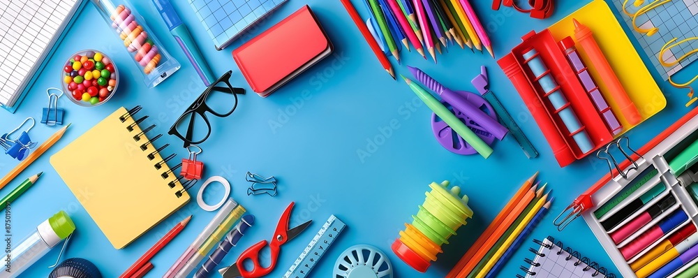 Colorful school supplies on blue background, arranged in a spiral, flat lay top view. Colorful school supplies on blue background, arranged in a spiral, flat lay top view.