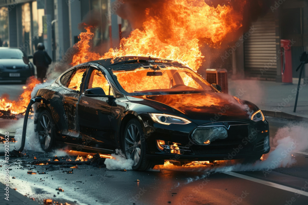 Fototapeta premium Electric car catches fire. Fire hazard from electric vehicles