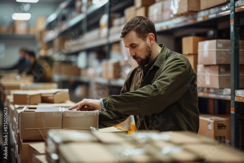 employee at industrial enterprise postman sorting boxes in a post office
