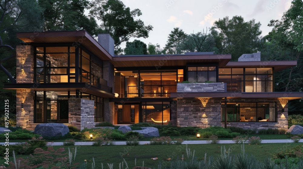 A large house with a stone exterior and a large glass window. Generate AI image