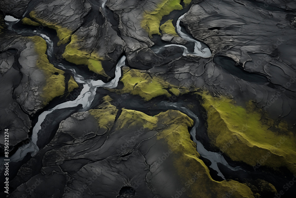 An aerial shot capturing the textured landscape of the Icelandic highlands, featuring contrasting patterns of rivers, yellow and green terrains, creating a visually striking and dynamic natural scene. An aerial shot capturing the textured landscape of the Icelandic highlands, featuring contrasting patterns of rivers, yellow and green terrains, creating a visually striking and dynamic natural scene.