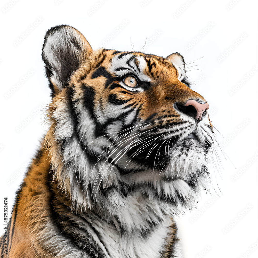 Fototapeta premium A tiger gazes upward with curiosity.
