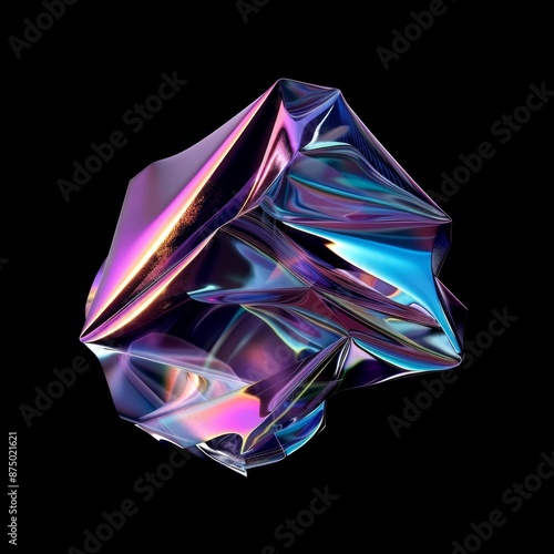 Abstract iridescent geometric shape with a crumpled texture
