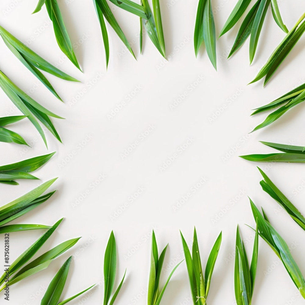 A row of green leaves are arranged in a line on a white background A row of green leaves are arranged in a line on a white background