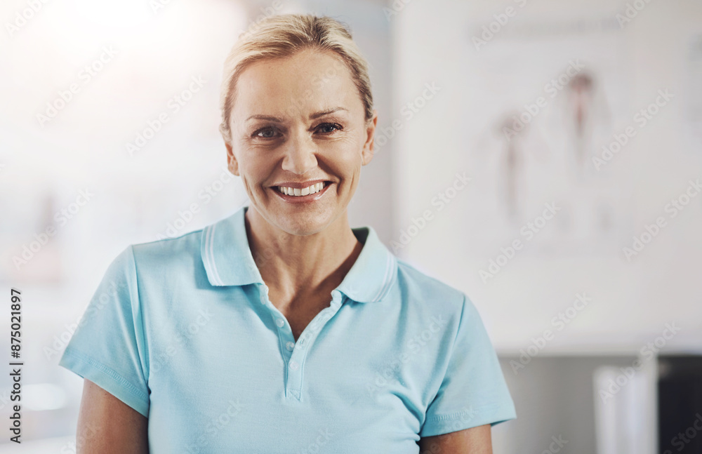 Portrait, physical therapist and woman in clinic, smile and career ambition with chiropractor. Face, person and employee in office, physiotherapy or service for rehabilitation, recovery or specialist Portrait, physical therapist and woman in clinic, smile and career ambition with chiropractor. Face, person and employee in office, physiotherapy or service for rehabilitation, recovery or specialist