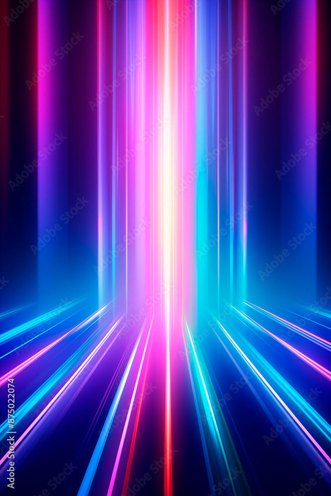 Fototapeta premium Vibrant neon light beams with prismatic and holographic effects, creating a dynamic and futuristic visual display with bright and colorful streaks.