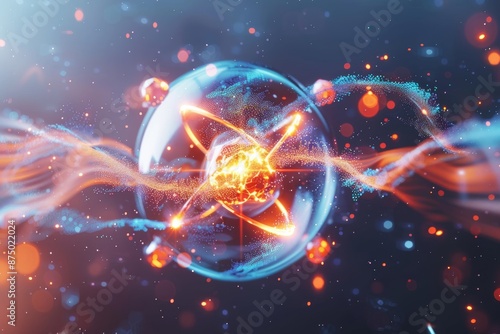 Futuristic glowing atom with digital elements, sci-fi abstract illustration