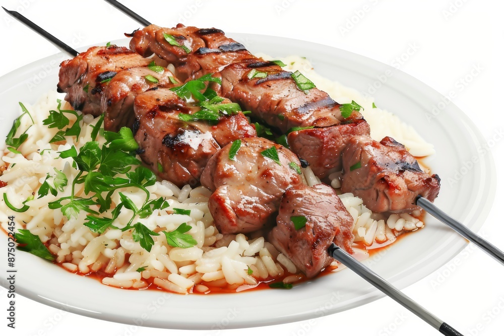 A mouthwatering close-up of a perfectly grilled shish kebab, served with a flavorful side of rice pilaf. The juicy meat and aromatic rice are sure to tantalize your taste buds. A mouthwatering close-up of a perfectly grilled shish kebab, served with a flavorful side of rice pilaf. The juicy meat and aromatic rice are sure to tantalize your taste buds.