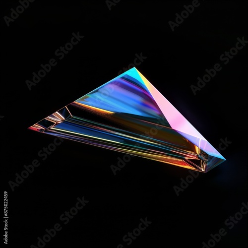 A single iridescent pyramid with sharp edges on a black background