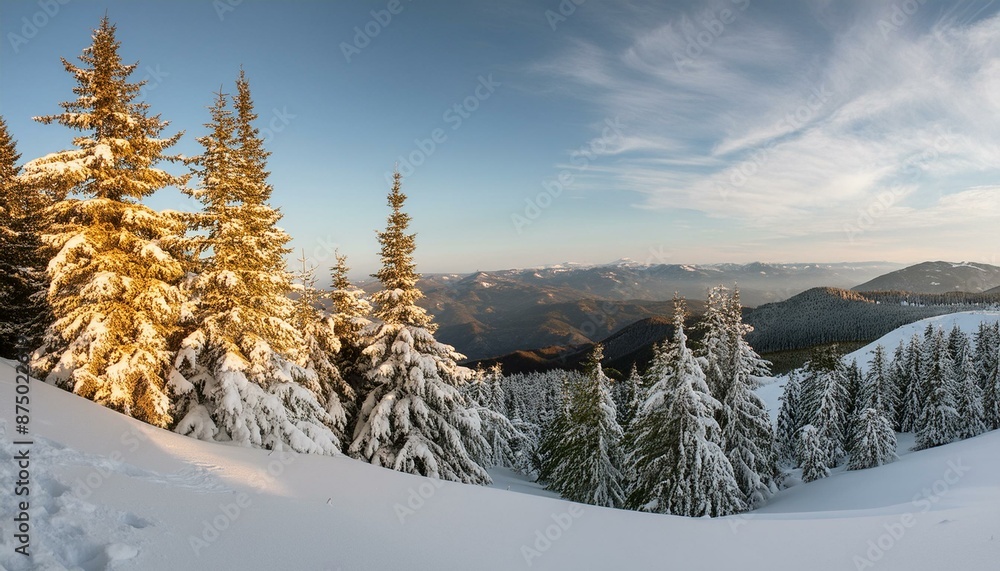 Obraz premium Snowy landscape on a mountain with pine trees