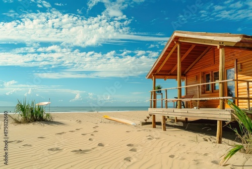 Holiday house on the beach. Wooden house with boards for wind serfing on a sand beach. Summer vacation concept