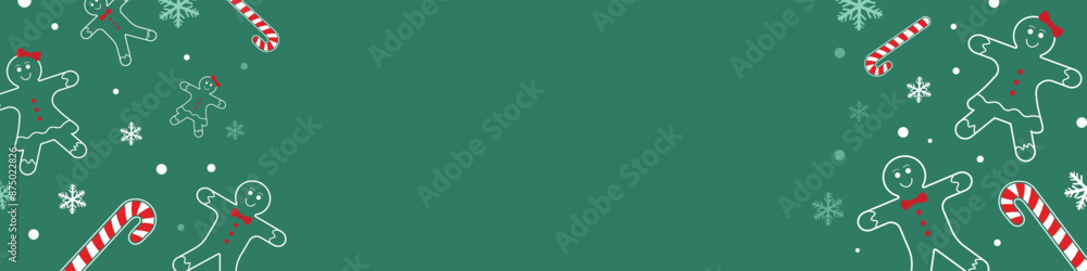 Creative Christmas and New year design banner template. Gingerbread, candy canes and snowflakes texture. Decorative background template for card or banner designs. 