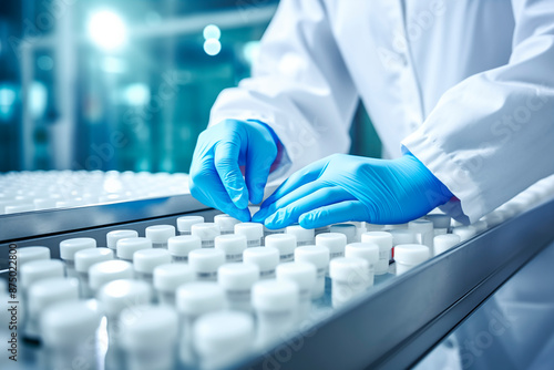 A scientist wearing blue sanitary gloves examines rows of vials in a laboratory setting. The environment is clean, sterile, and professional, indicative of meticulous research work. photo