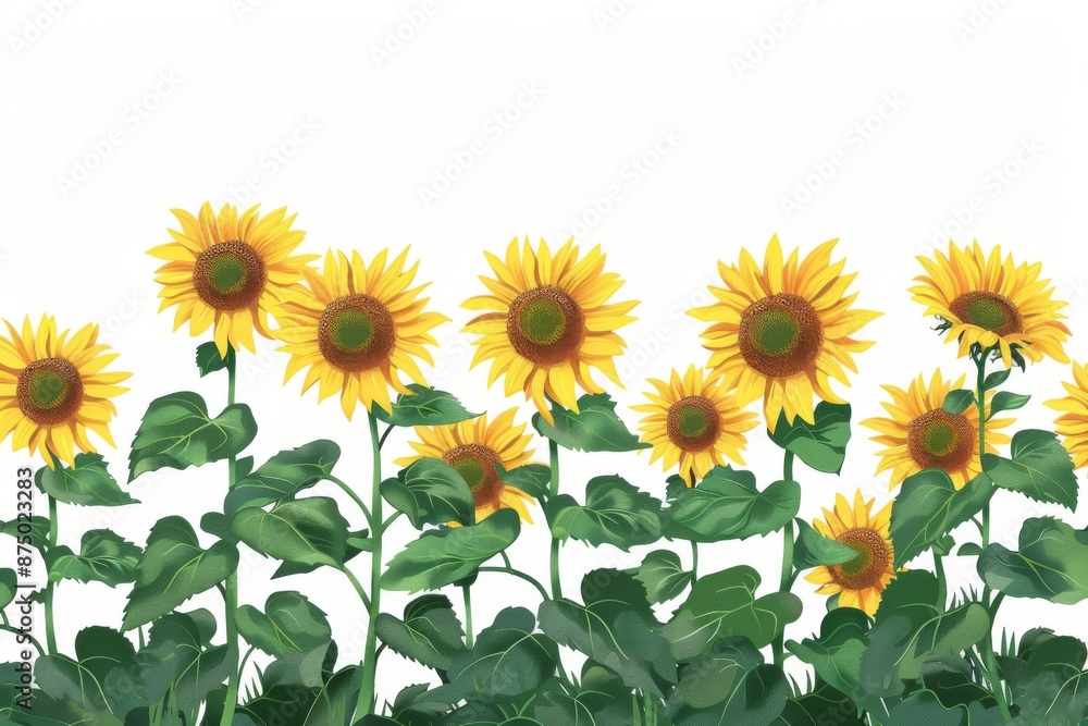 Fototapeta premium A stunning panoramic view of a sunflower field with rows of tall stalks and bright blooms. The image exudes warmth and happiness.