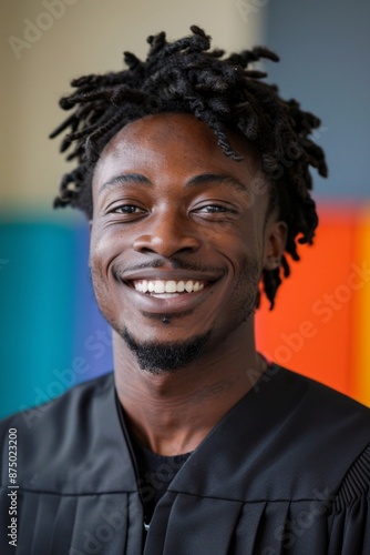 A portrait of a young man wearing a graduation gown, smiling broadly