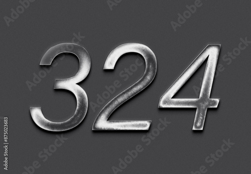 Chrome metal 3D number design of 324 on grey background.