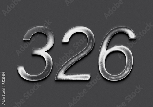 Chrome metal 3D number design of 326 on grey background.