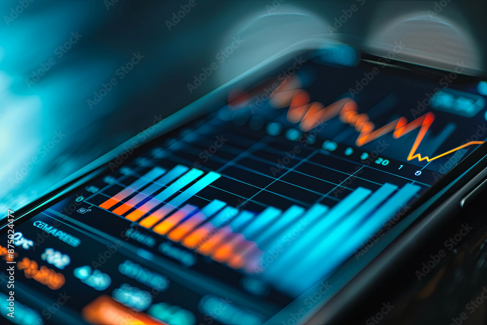 Working on a mobile phone or smartphone, displaying data and a histogram illustrating financial, business, or investment growth concepts Working on a mobile phone or smartphone, displaying data and a histogram illustrating financial, business, or investment growth concepts