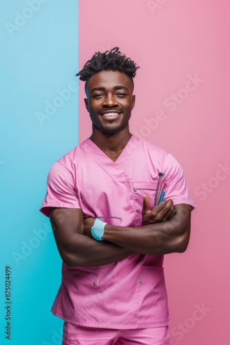 A smiling male dentist in a pink scrub, standing in front of a pink and blue background