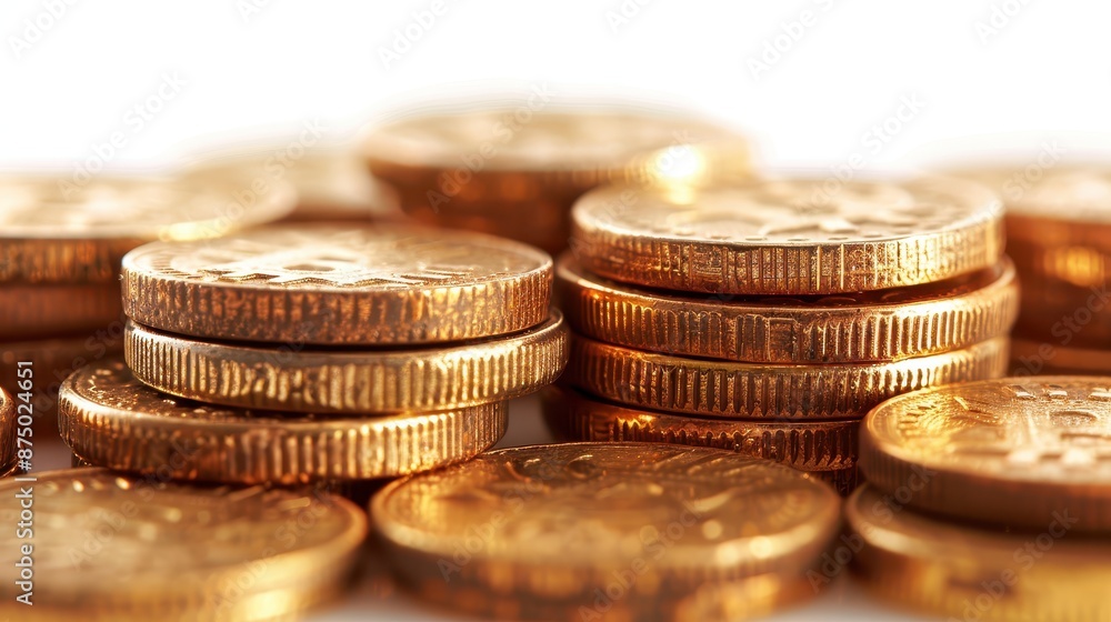 Stacked gold coins in a neat arrangement, white background, high resolution, illustration background Stacked gold coins in a neat arrangement, white background, high resolution, illustration background