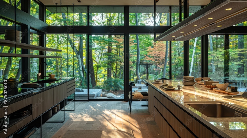 A kitchen with a large window that lets in a lot of natural light. Generate AI image A kitchen with a large window that lets in a lot of natural light. Generate AI image