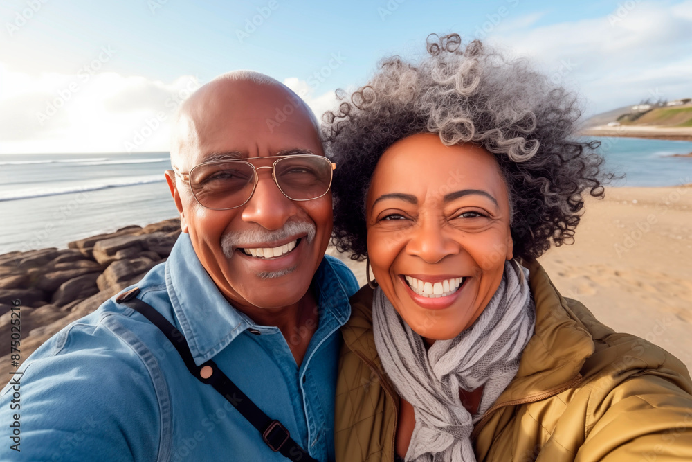 A joyful senior African American couple taking a selfie on a sunny beach, both wearing sunglasses and smiling broadly, enjoying their vacation. A joyful senior African American couple taking a selfie on a sunny beach, both wearing sunglasses and smiling broadly, enjoying their vacation.