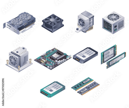 Computer Hardware Components isometric illustration